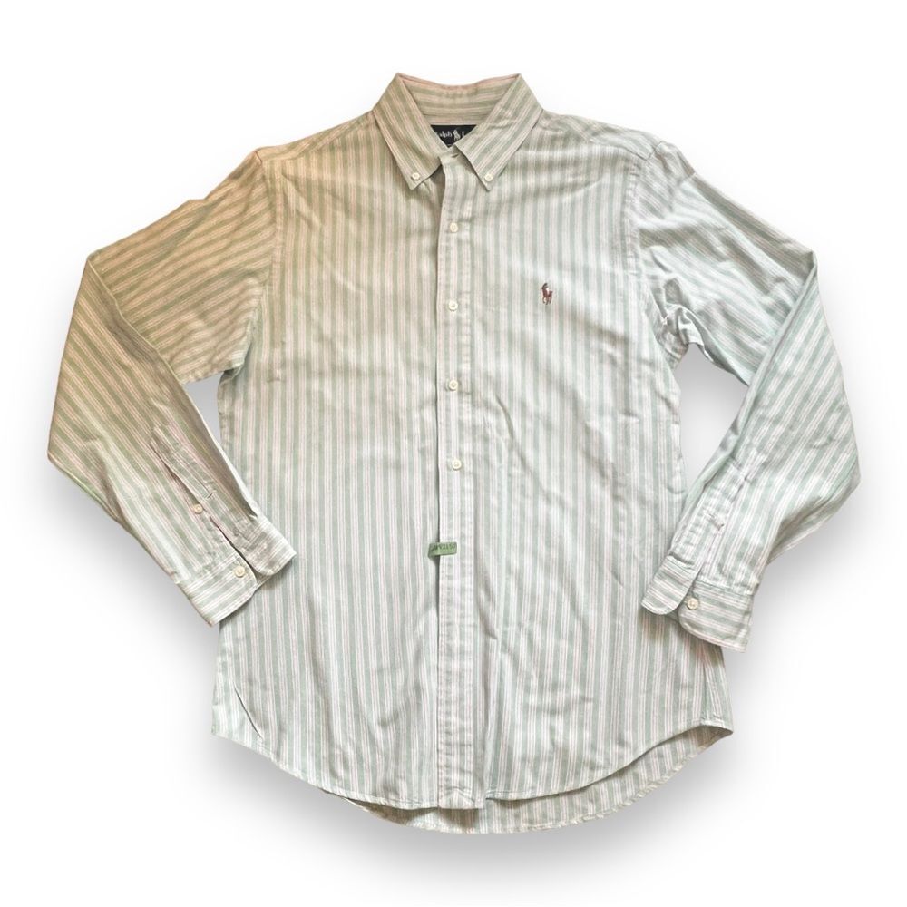 Ralph Lauren Mens Shirt Custom Fit Button Down Long Sleeves Striped Green Medium - Picture 4 of 9